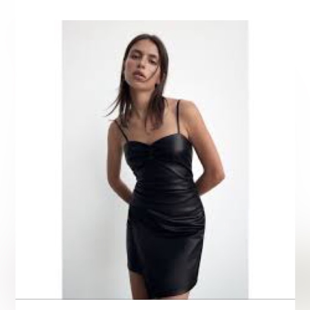 Zara Black Spaghetti Strap Faux Leather Dress